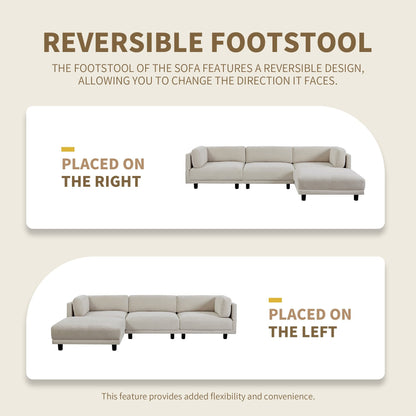 Divano componibile a L in poliestere 102.4 con poggiapiedi reversibile, cuscini spessi e gambe in plastica resistente