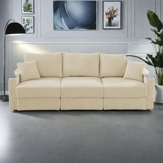 Divano moderno a 3 posti in velluto a coste 102 con seduta profonda, portabicchieri e portatelefono