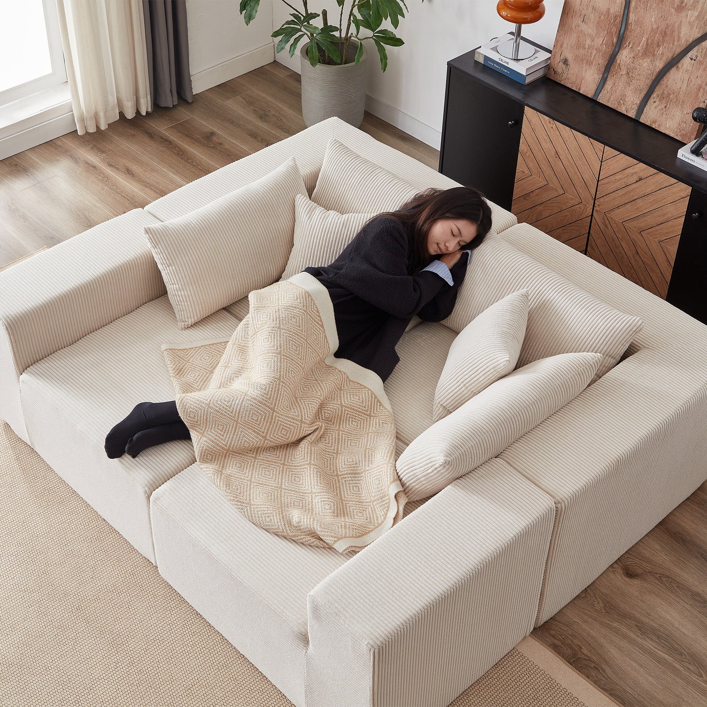 Divano componibile modulare a forma di L in velluto a coste da 104 pollici, set di divani da pavimento, divano compresso imbottito in schiuma, combinazione libera di 4 pezzi