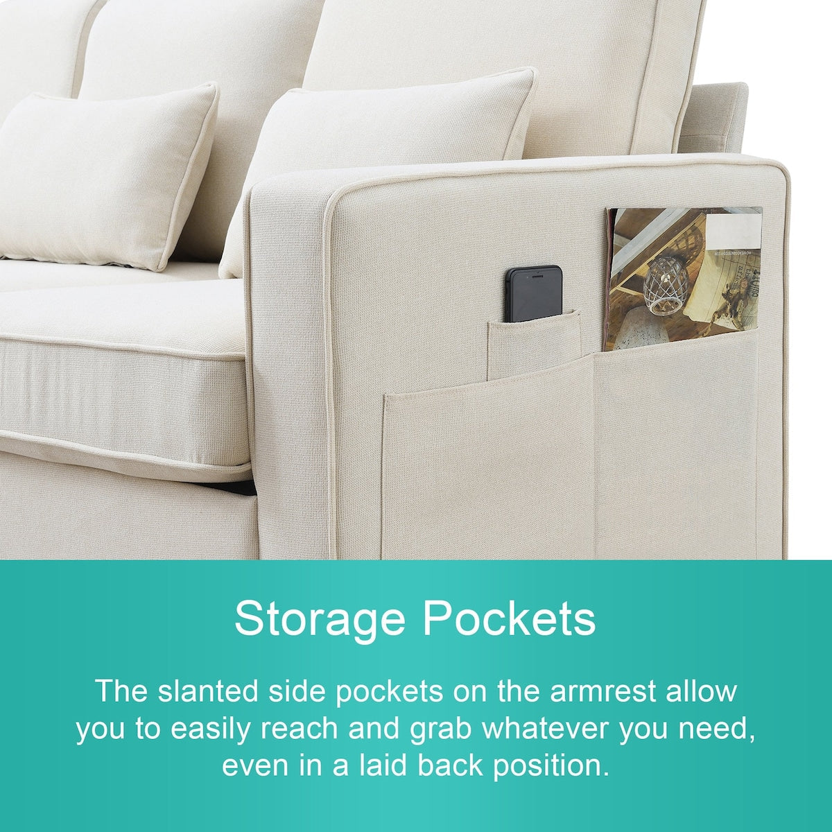 Divano moderno in tessuto di lino a 4 posti 104 con tasche sui braccioli e 4 cuscini