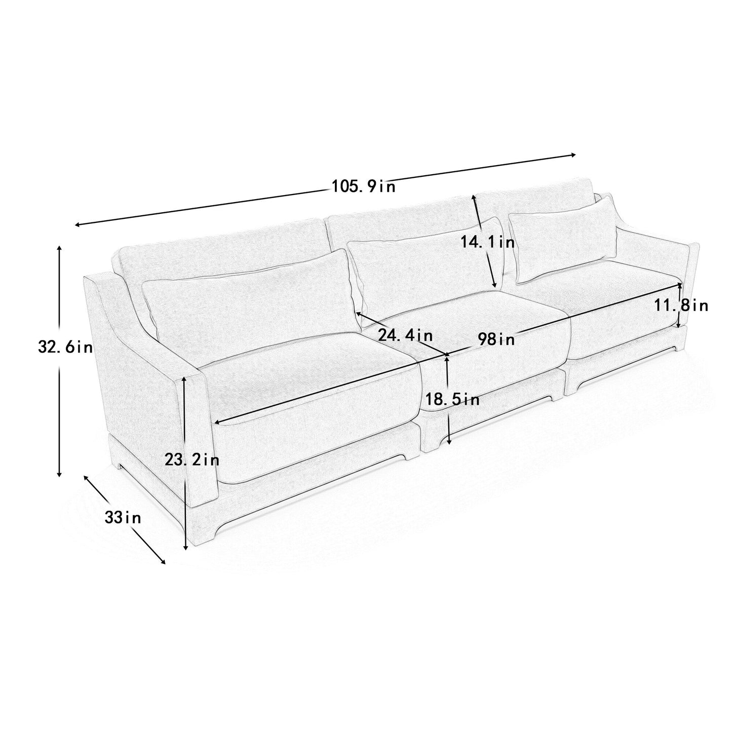 Divano 105.9 Chenille 4 posti con base ergonomica in legno, spugna ad alta resilienza per soggiorno