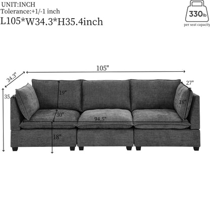 Divano 105 Chenille a 3 posti con cuscini a 2 strati, schiuma ad alta resilienza