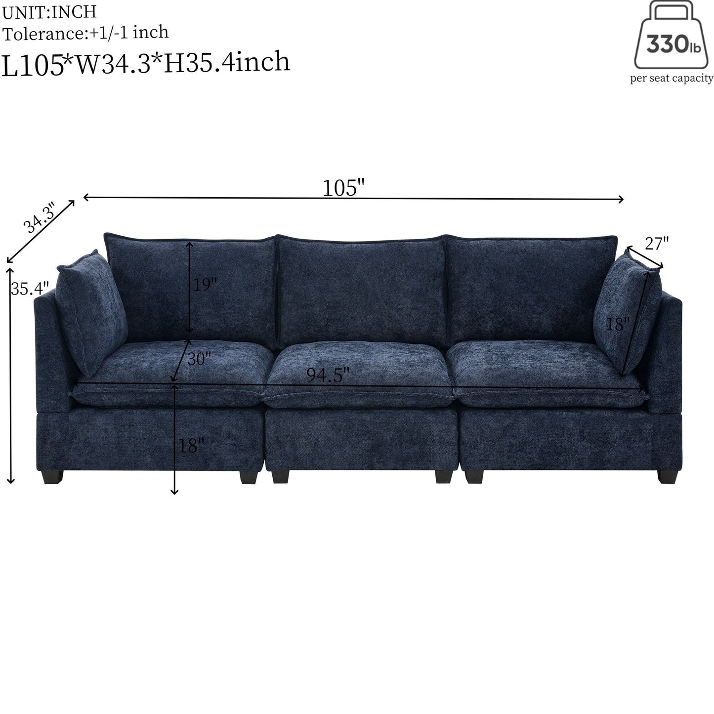 Divano 105 Chenille a 3 posti con cuscini a 2 strati, schiuma ad alta resilienza