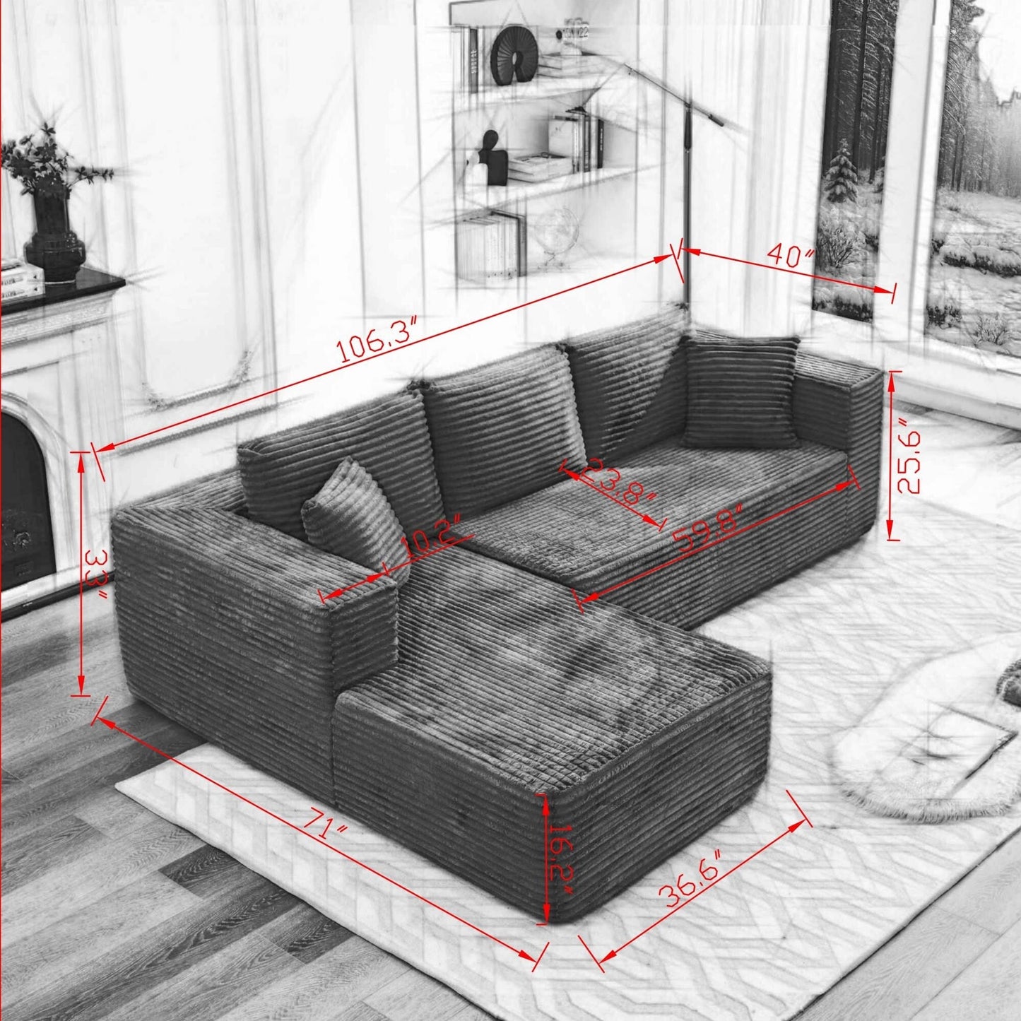 Divano componibile 106 Cloud a forma di L con chaise longue rivolta a sinistra, divano modulare moderno con seduta profonda per soggiorno, non richiede montaggio