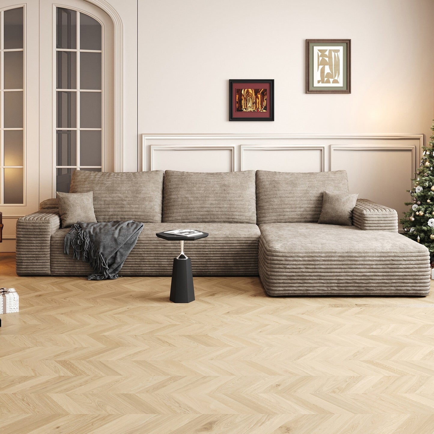 Divano componibile modulare in velluto a coste da 107 pollici con chaise longue e seduta profonda per soggiorno, camera da letto