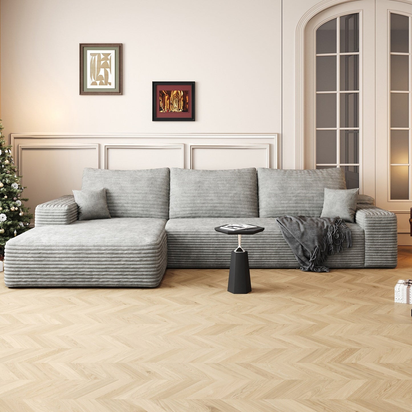 Divano componibile modulare in velluto a coste da 107 pollici con chaise longue e seduta profonda per soggiorno, camera da letto