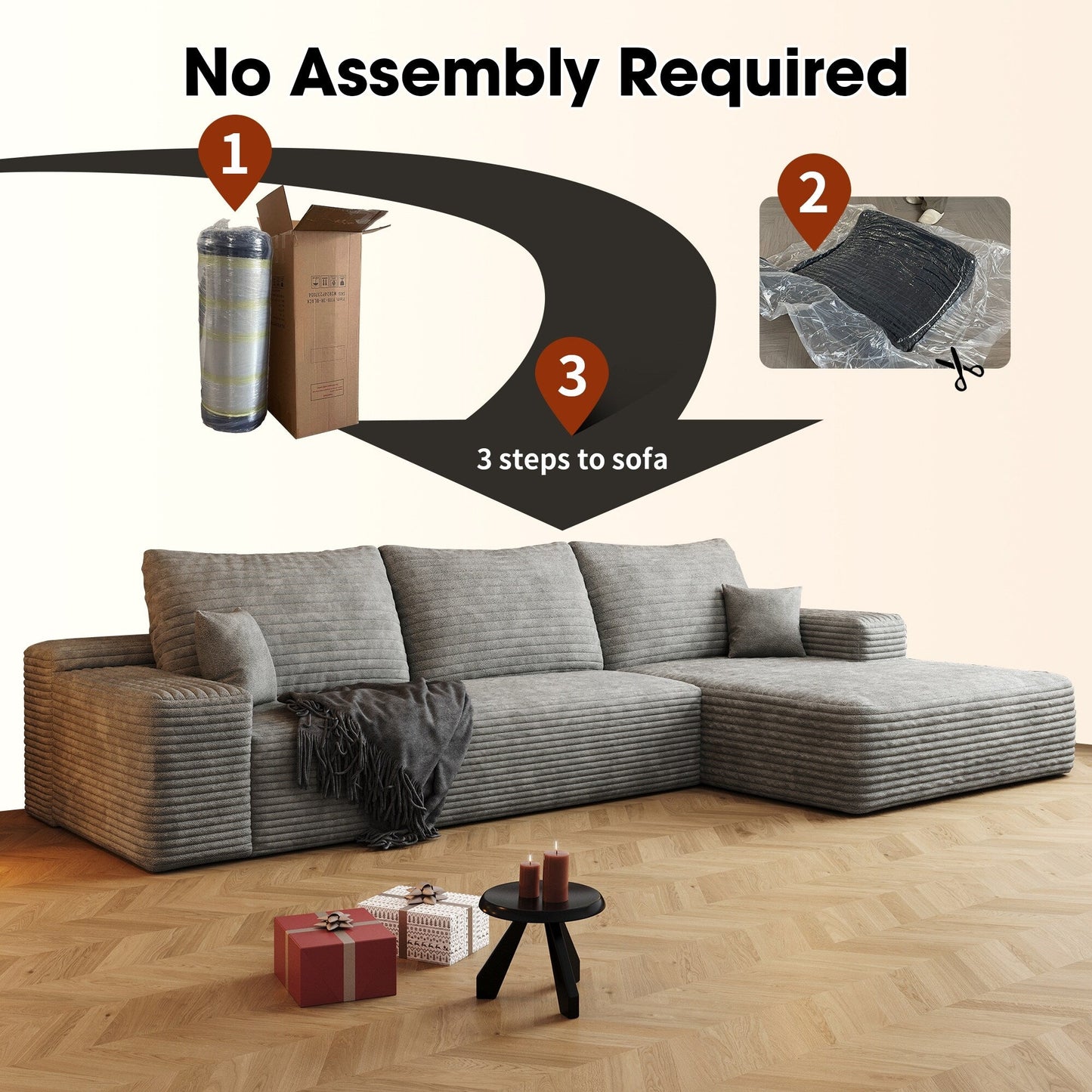 Divano componibile modulare in velluto a coste da 107 pollici con chaise longue e seduta profonda per soggiorno, camera da letto