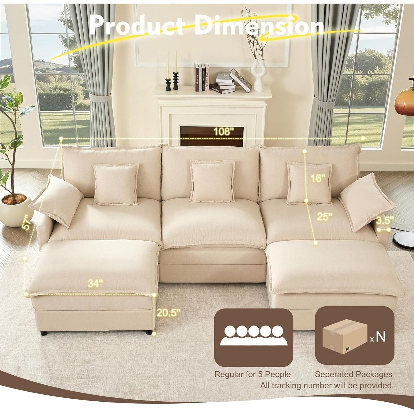Divano componibile modulare a L 108 - Divano a nuvola a 3 posti con pouf mobile e seduta profonda, tessuto in lino beige