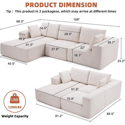 Divano componibile modulare 108 Cloud - Divano a L con seduta profonda e chaise longue, divano imbottito per soggiorno e camera da letto