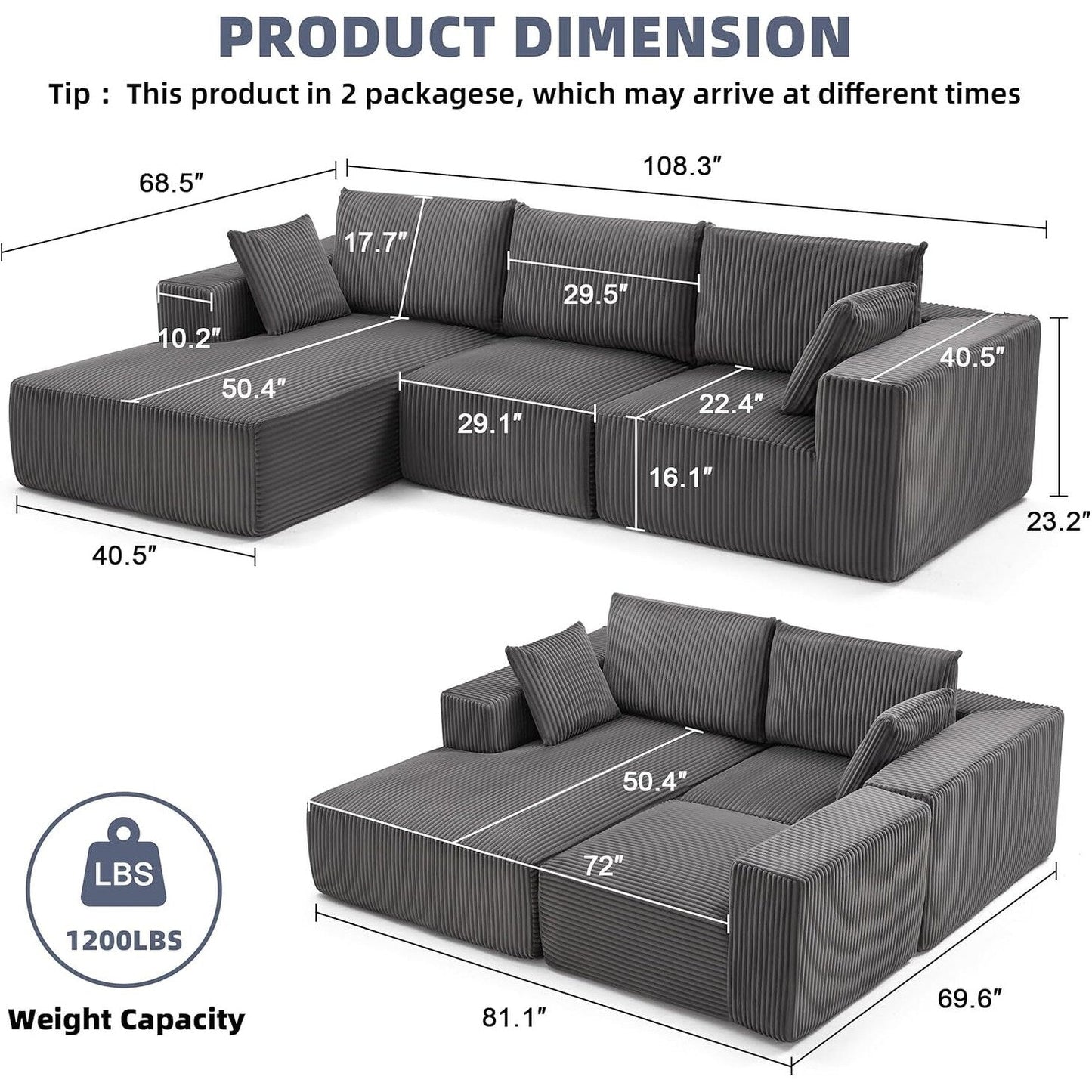 Divano componibile modulare 108 Cloud - Divano a L con seduta profonda e chaise longue, divano imbottito per soggiorno e camera da letto