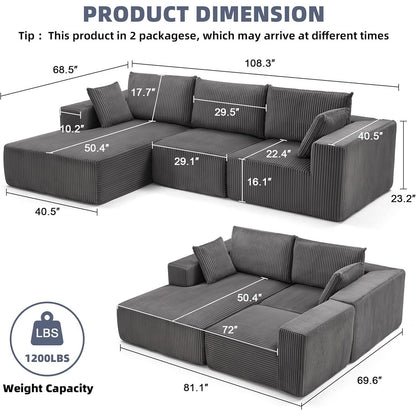 Divano componibile modulare 108 Cloud - Divano a L con seduta profonda e chaise longue, divano imbottito per soggiorno e camera da letto