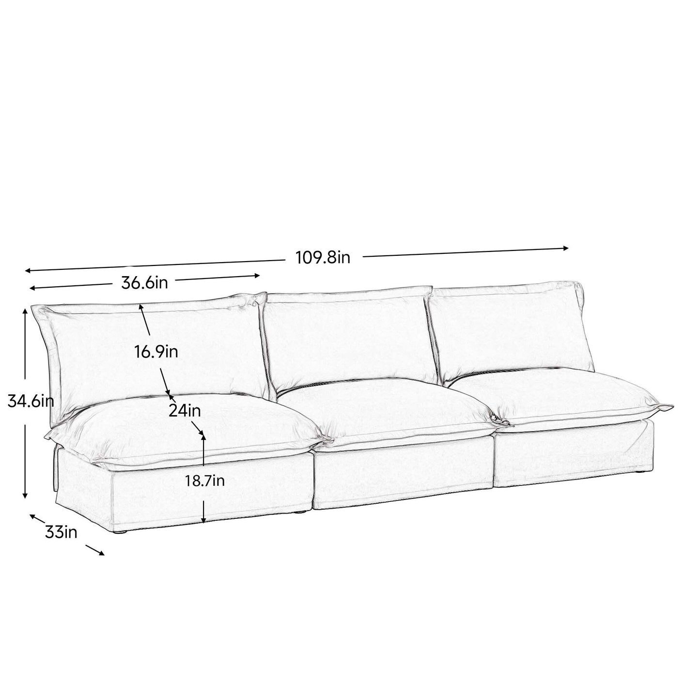 Divano a 3 posti senza braccioli in ciniglia 109.8 per soggiorno e camera da letto