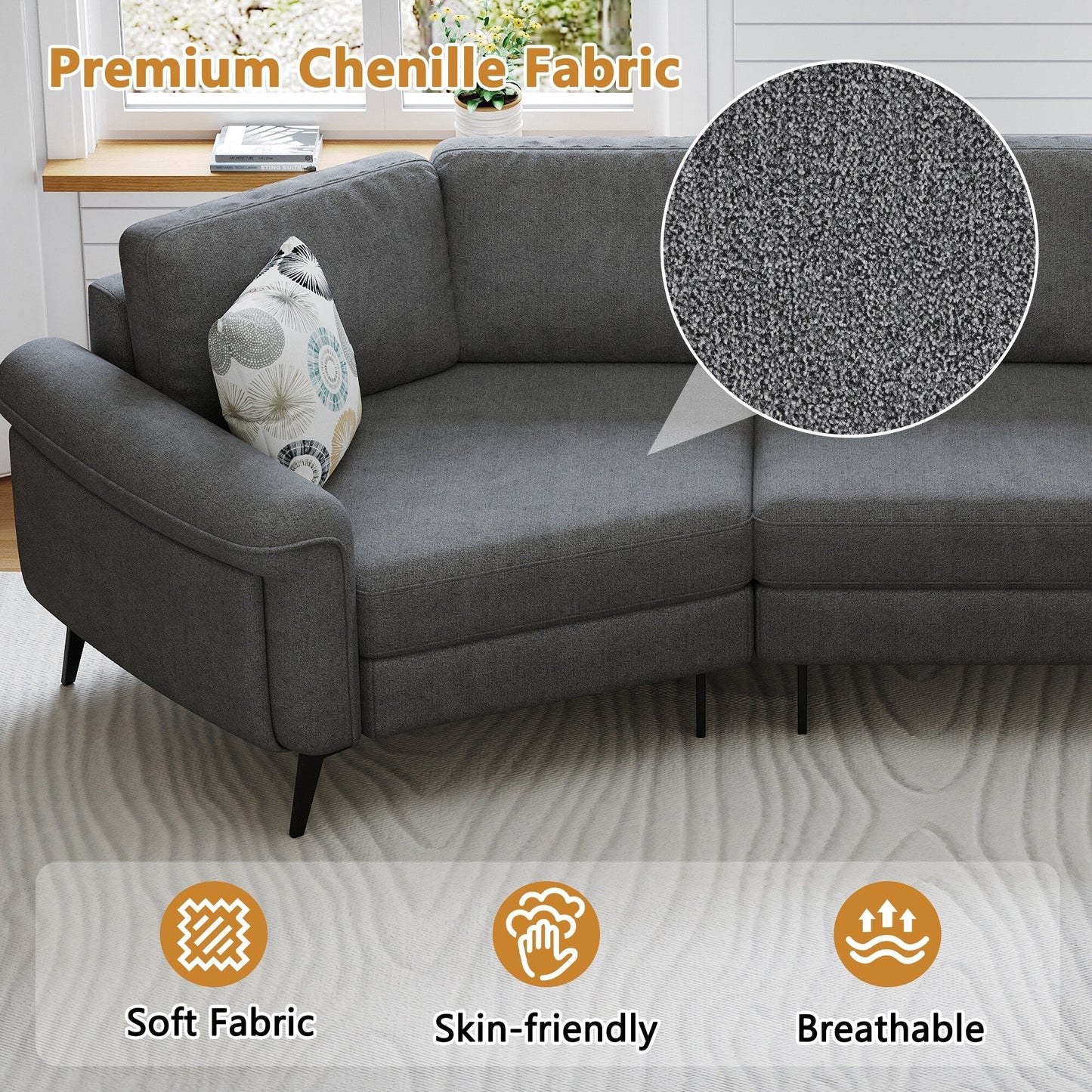 Divano 111 a 3 posti, divano curvo in ciniglia con 2 cuscini stampati, divano moderno imbottito per soggiorno