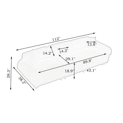 Divano a 3 posti in tessuto Teddy da 112'' con 3 cuscini, antigraffio, con morbida imbottitura e gambe in metallo