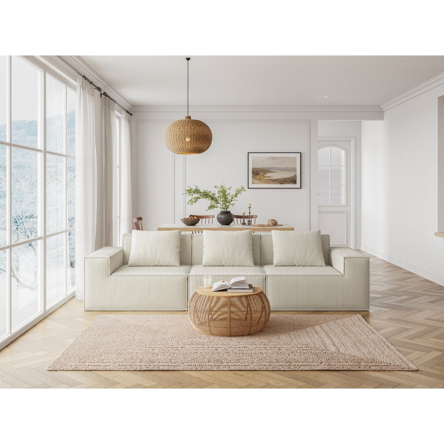 Divano letto trasformabile modulare da 118 pollici a 3 posti in velluto a coste bianco