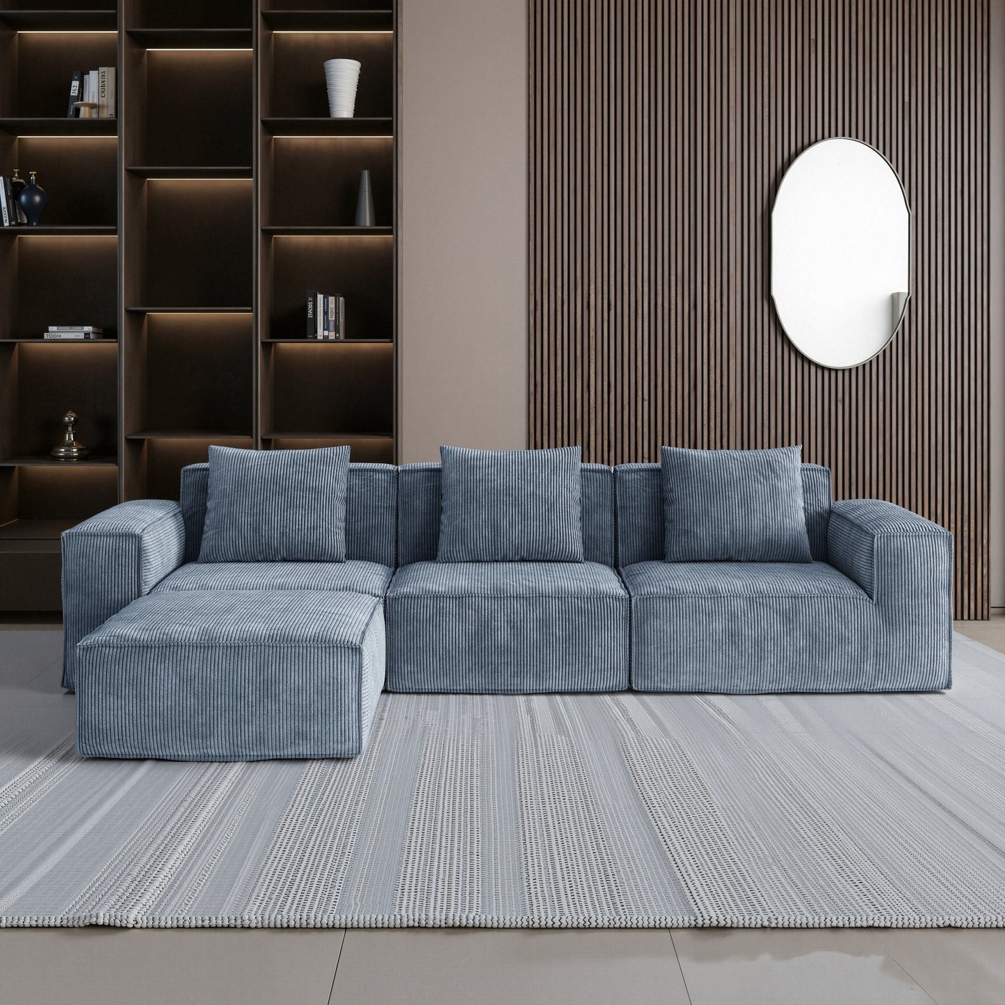 Divano letto modulare da 118 pollici convertibile a 3 posti con poggiapiedi in velluto a coste grigio