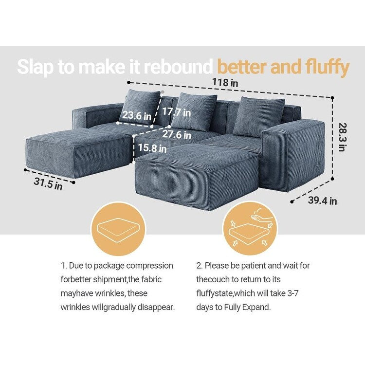 Divano letto modulare da 118 pollici trasformabile in 3 posti con poggiapiedi in velluto a coste grigio