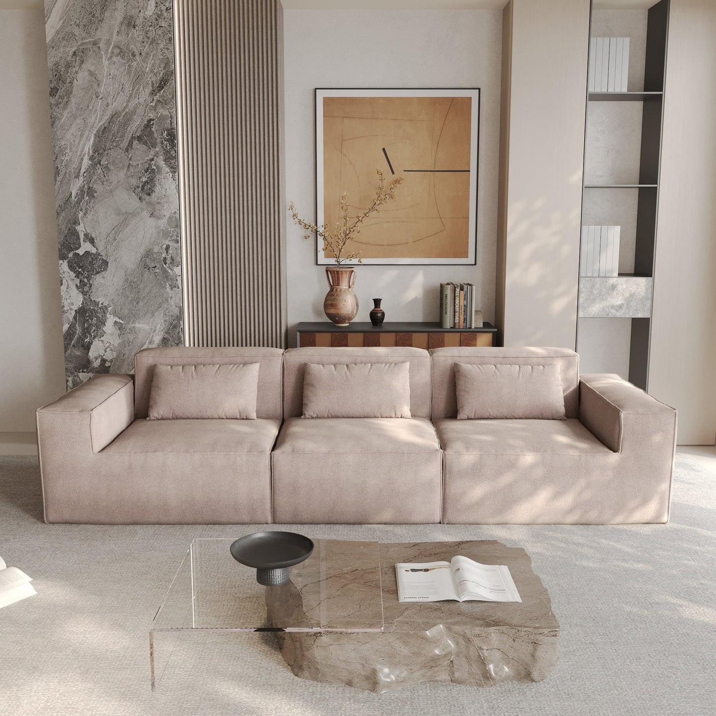 Divano componibile modulare 118 con rivestimento in tessuto mobile e 3 cuscini, comodo divano in velluto a coste a 3 posti