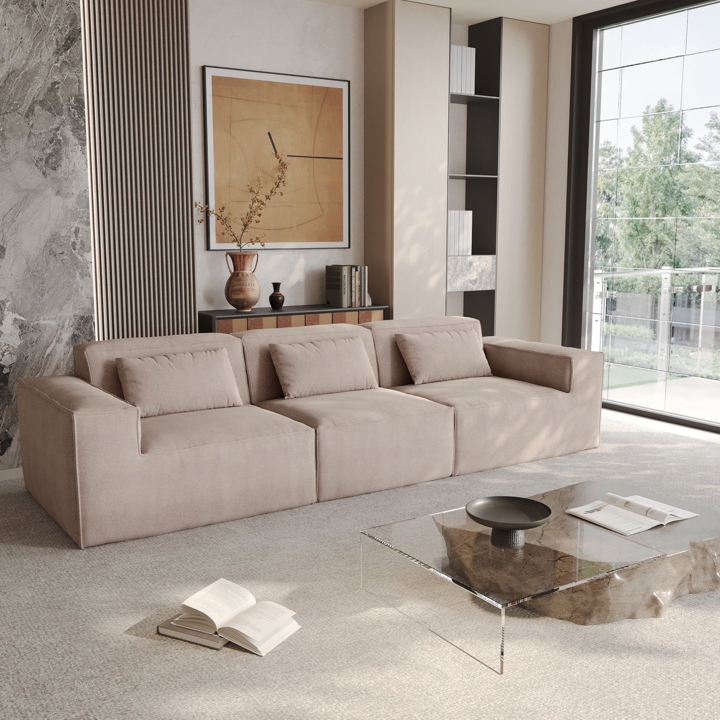 Divano componibile modulare 118 con rivestimento in tessuto mobile e 3 cuscini, comodo divano in velluto a coste a 3 posti