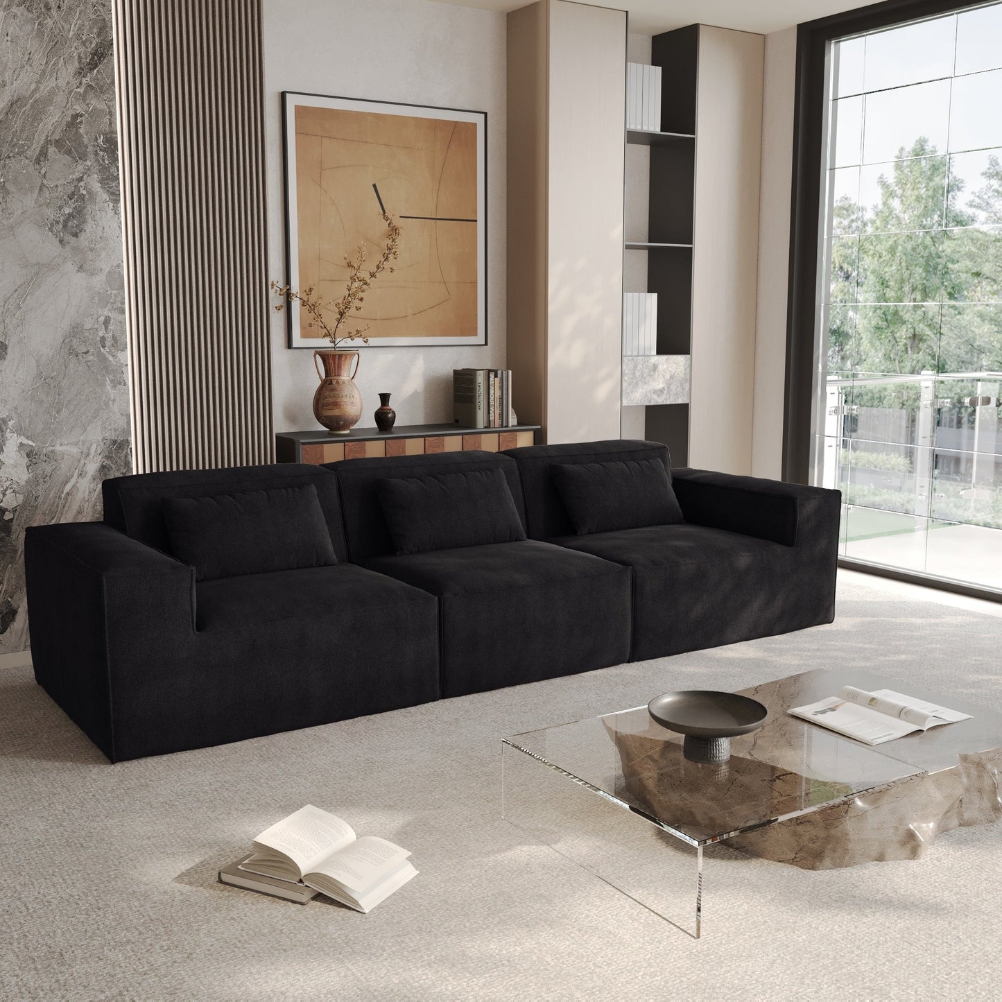 Divano componibile modulare 118 con rivestimento in tessuto mobile e 3 cuscini, comodo divano in velluto a coste a 3 posti