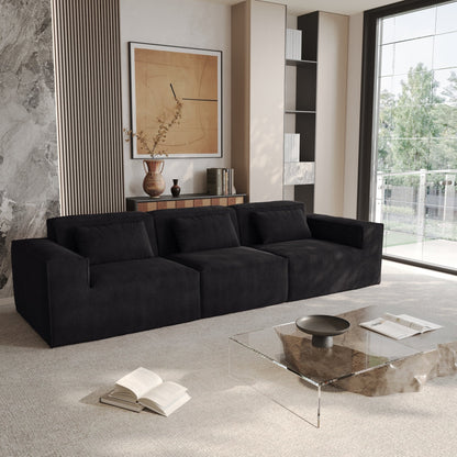 Divano componibile modulare 118 con rivestimento in tessuto mobile e 3 cuscini, comodo divano in velluto a coste a 3 posti