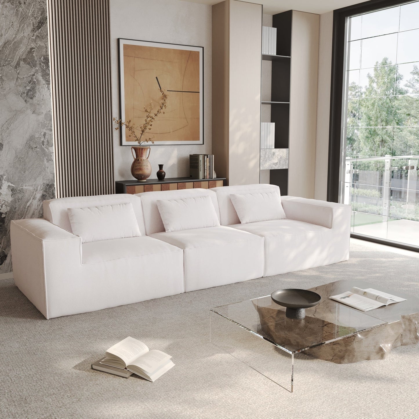 Divano componibile modulare 118 con rivestimento in tessuto mobile e 3 cuscini, comodo divano in velluto a coste a 3 posti