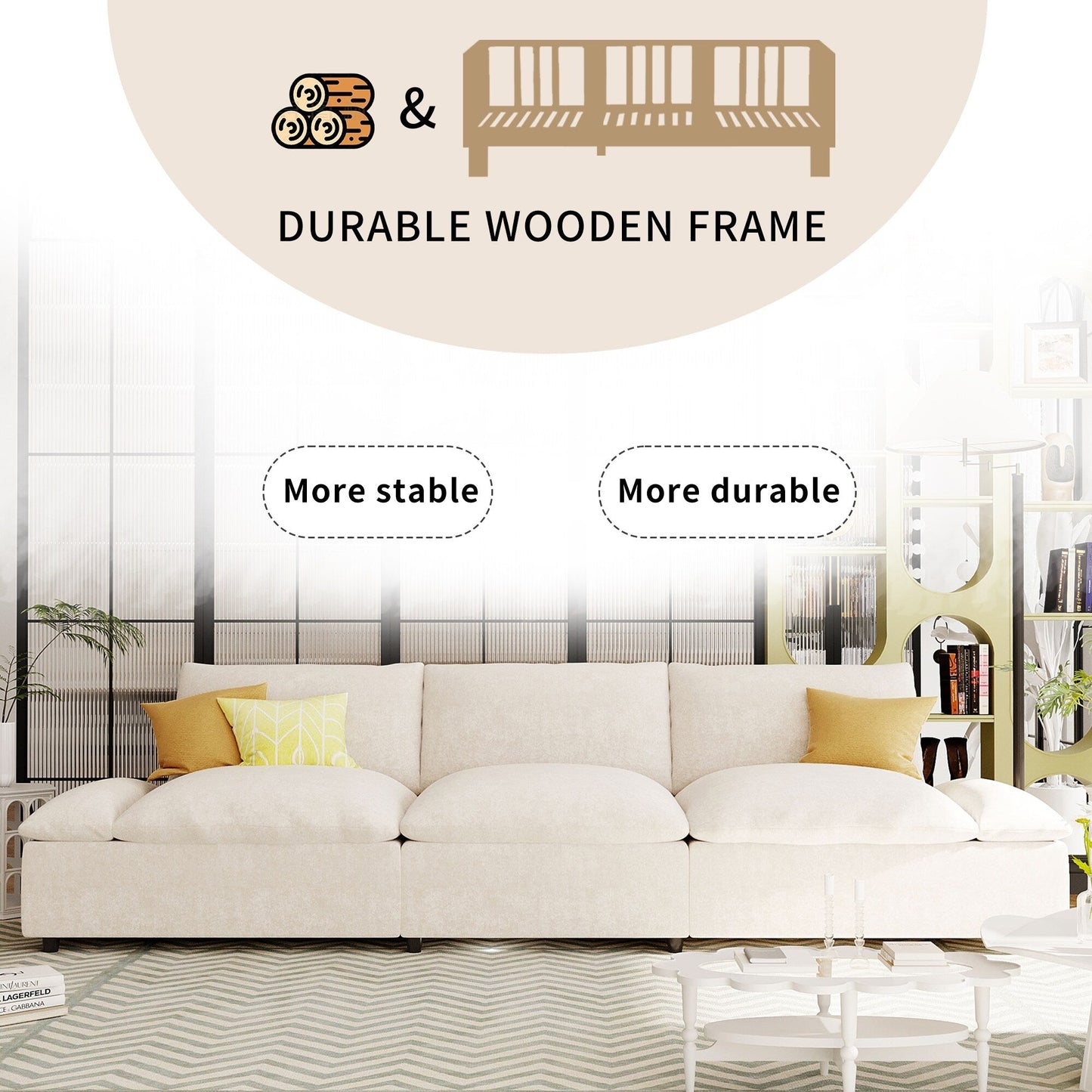 Divano grande in poliestere a 3 posti da 119,5 pollici con 2 unità contenitore e gambe in legno di gomma per soggiorno