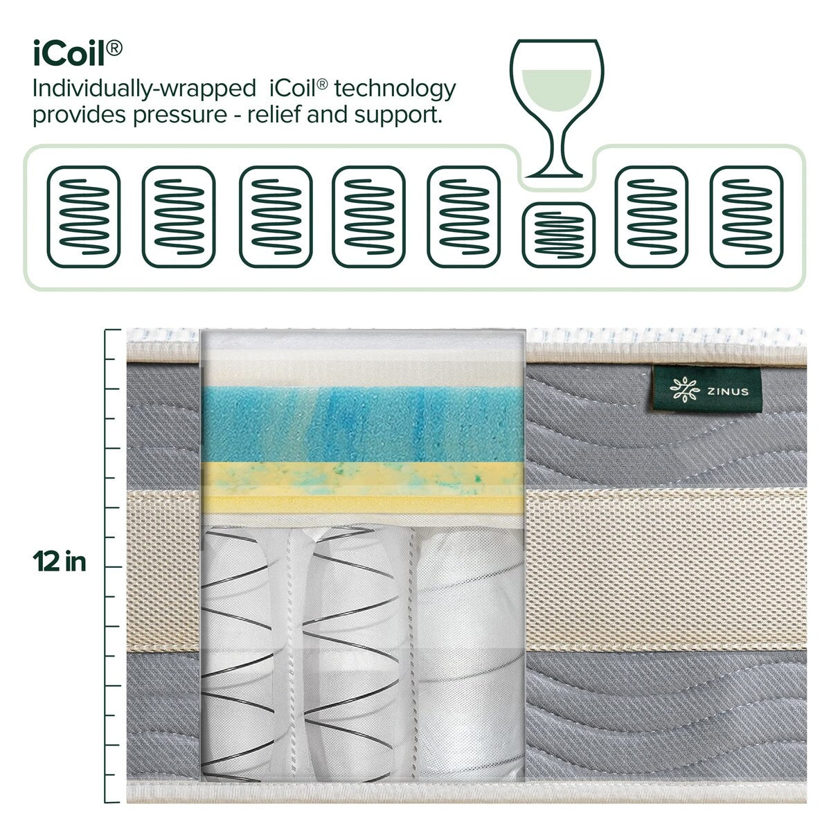 Materasso ibrido trapuntato con supporto e raffreddamento Comfort da 12 pollici, molle insacchettate per l'isolamento del movimento, supporto dei bordi, Queen, bianco