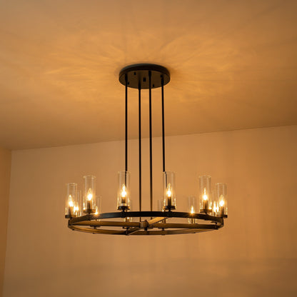 Lampadario a ruota di carro in vetro trasparente con cilindro in stile Mid-Century Modern, 12 luci, grande lampadario in oro/nero