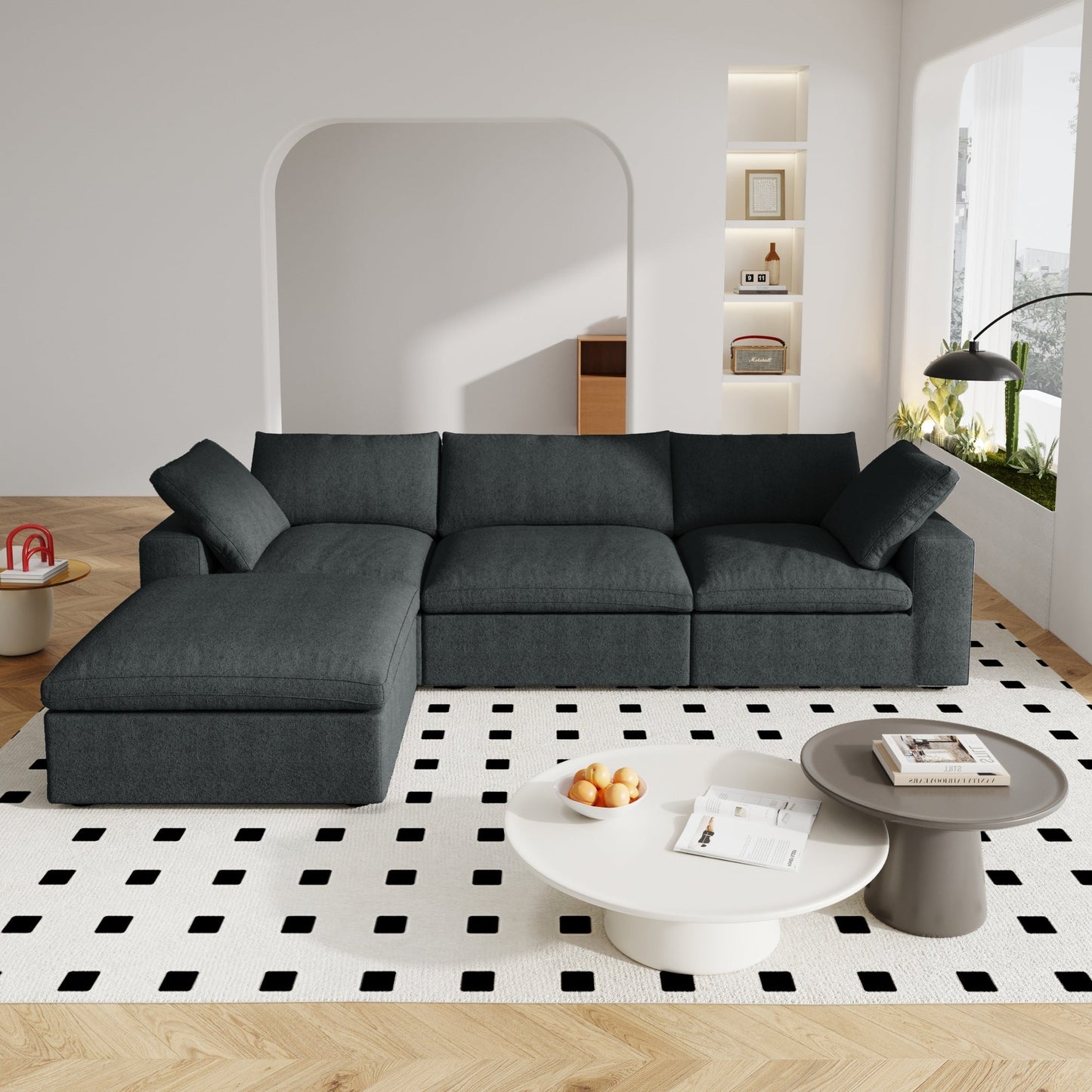 Divano componibile moderno a forma di L da 120 cm, divano modulare in lino con pouf contenitore