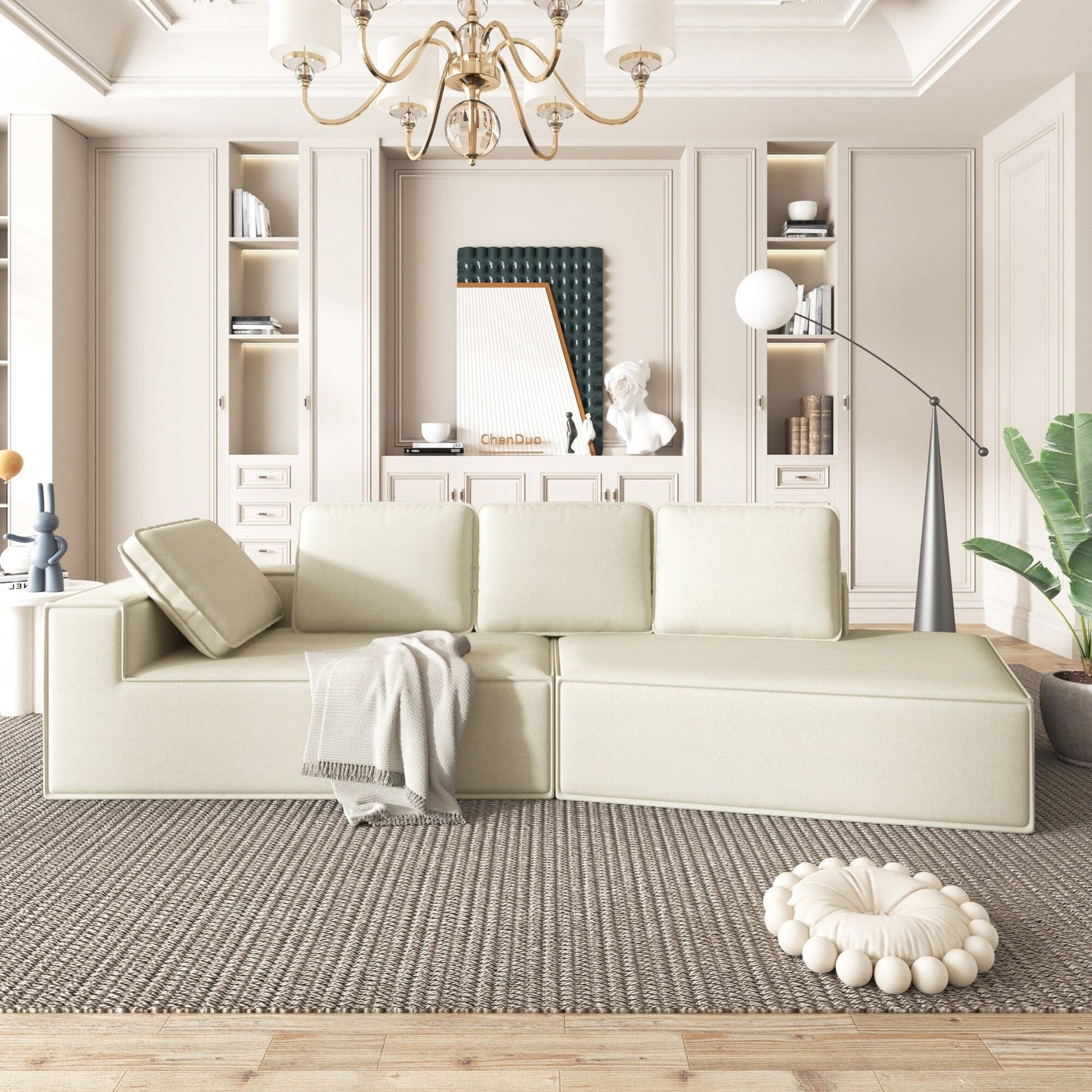 125 Elegante divano letto moderno per interni con chaise longue, dalle linee pulite, per soggiorno, beige