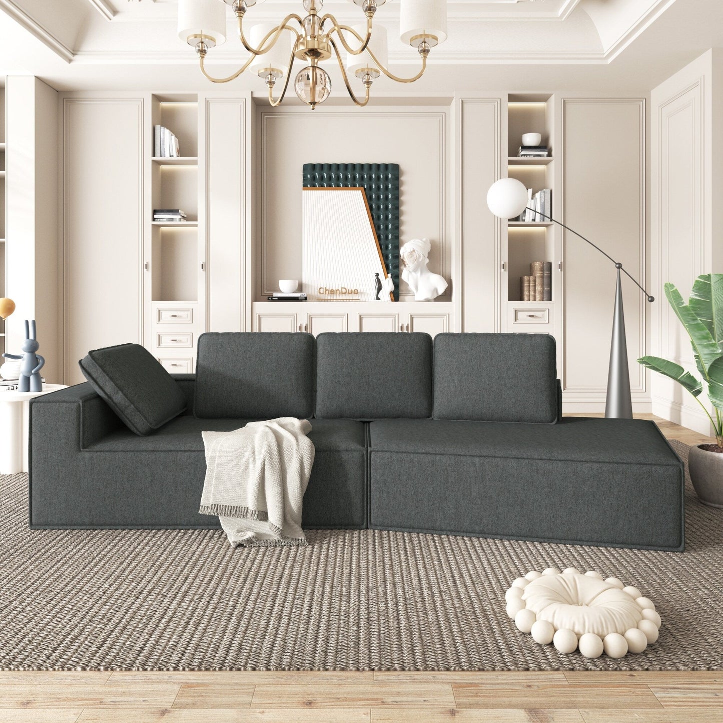 125 Elegante divano letto moderno per interni con chaise longue, dalle linee pulite, per soggiorno, beige