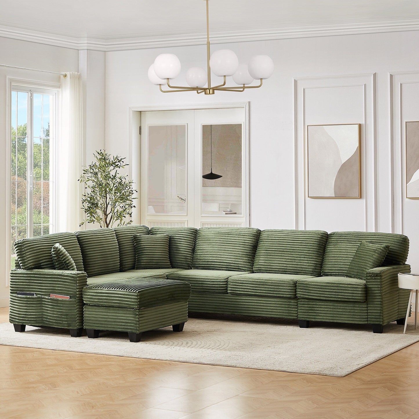 Divano componibile a U in velluto a coste da 125'' con pouf mobile