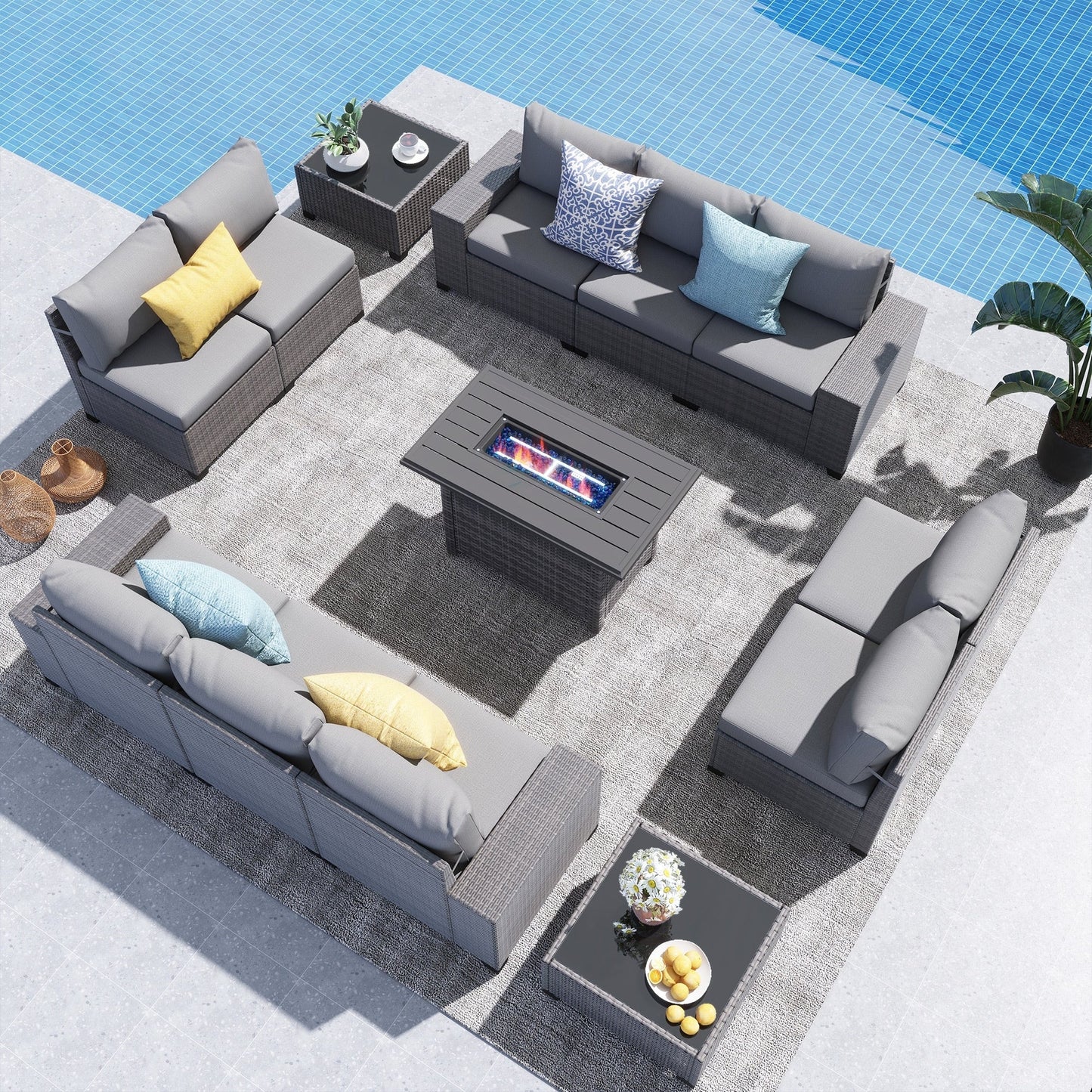 Set da conversazione in vimini da 13 pezzi per 10 persone, con cuscini impermeabili e tavolo con braciere