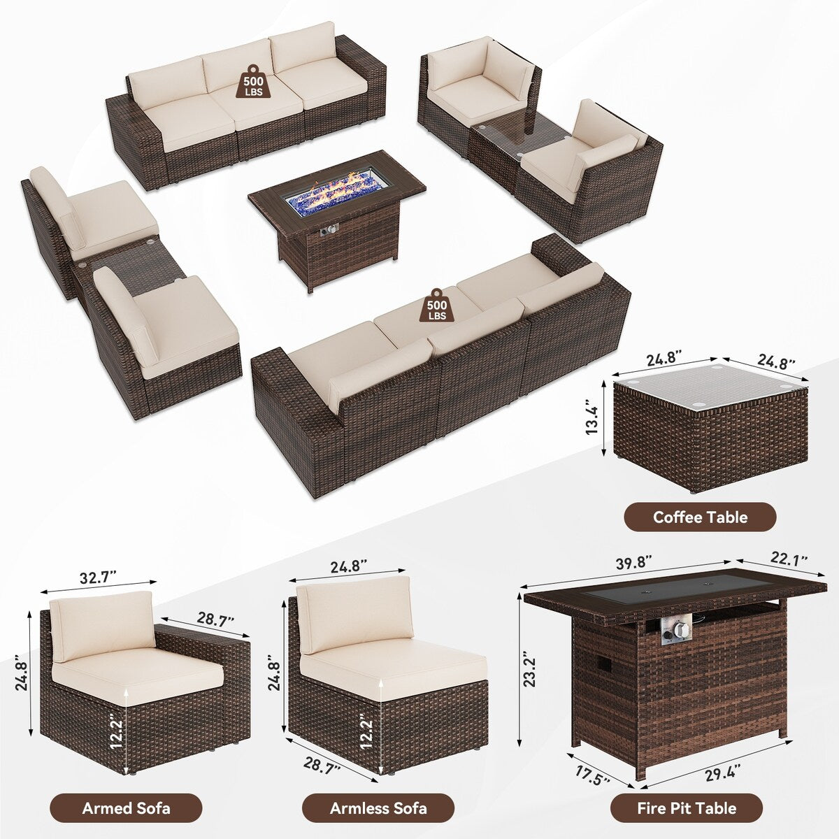 Set di mobili da giardino da 13 pezzi con tavolo da fuoco da 44 pollici