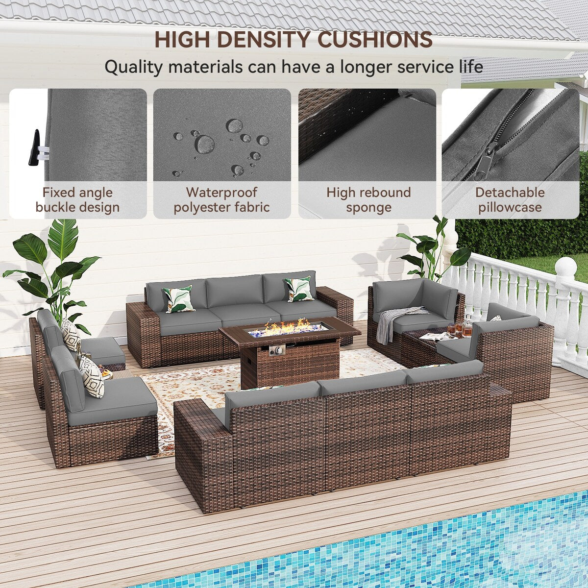 Set di mobili da giardino da 13 pezzi con tavolo da fuoco da 44 pollici