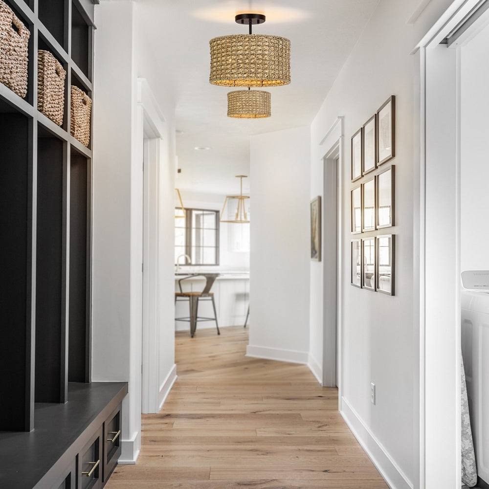 Lampada da soffitto semi-incassata a 2 luci in rattan naturale con rosone nero - Nero/terroso - Nero/Paglia - 13,6 pollici di larghezza