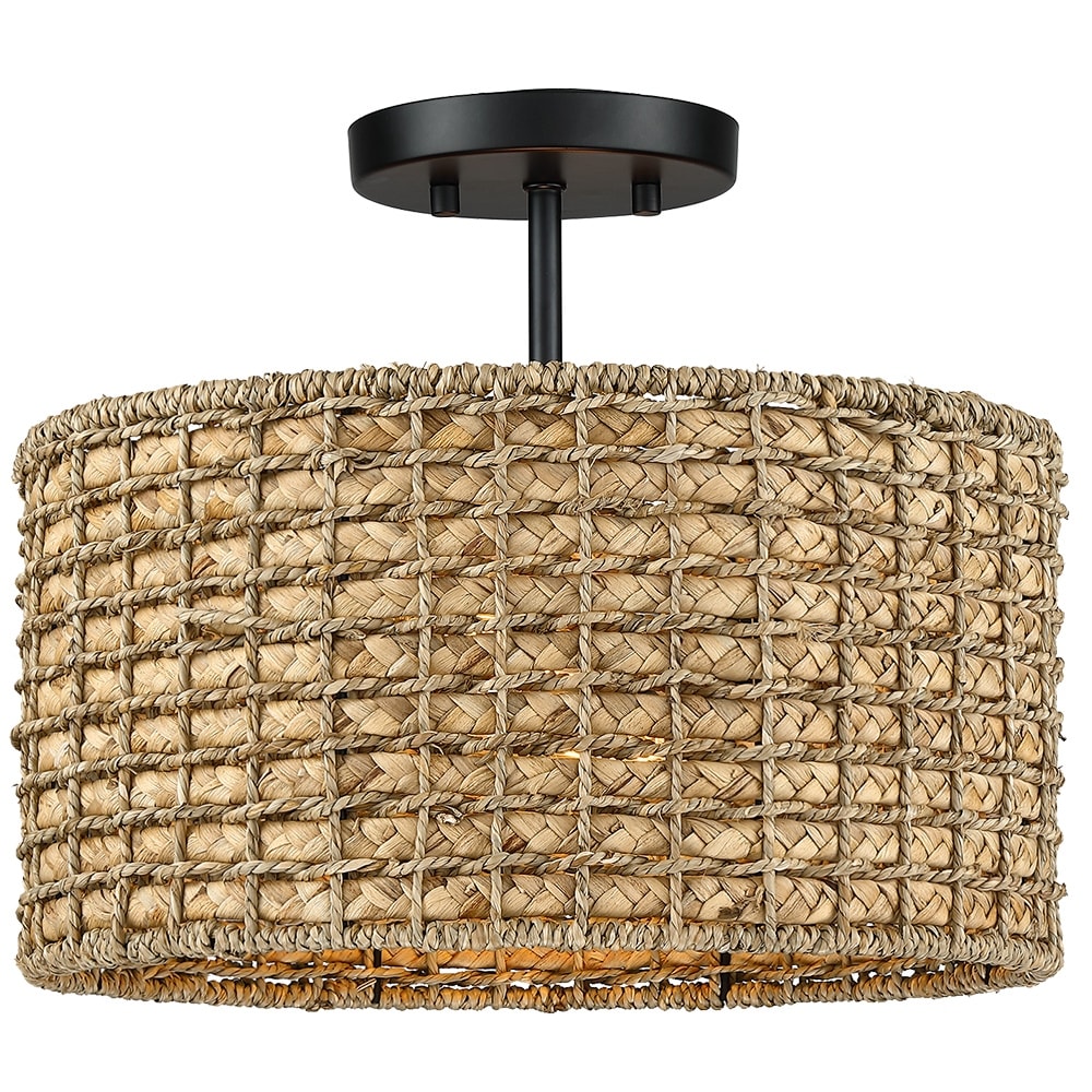 Lampada da soffitto semi-incassata a 2 luci in rattan naturale con rosone nero - Nero/terroso - Nero/Paglia - 13,6 pollici di larghezza