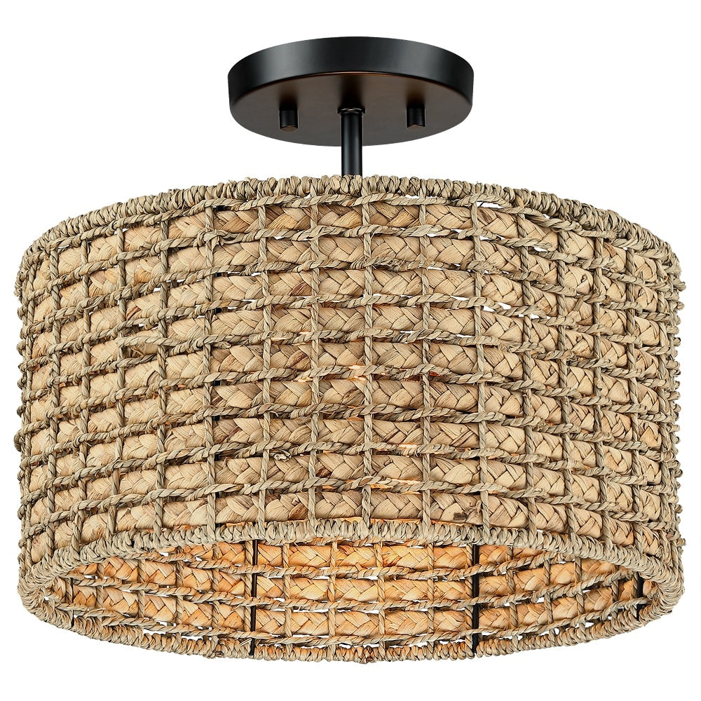 Lampada da soffitto semi-incassata a 2 luci in rattan naturale con rosone nero - Nero/terroso - Nero/Paglia - 13,6 pollici di larghezza