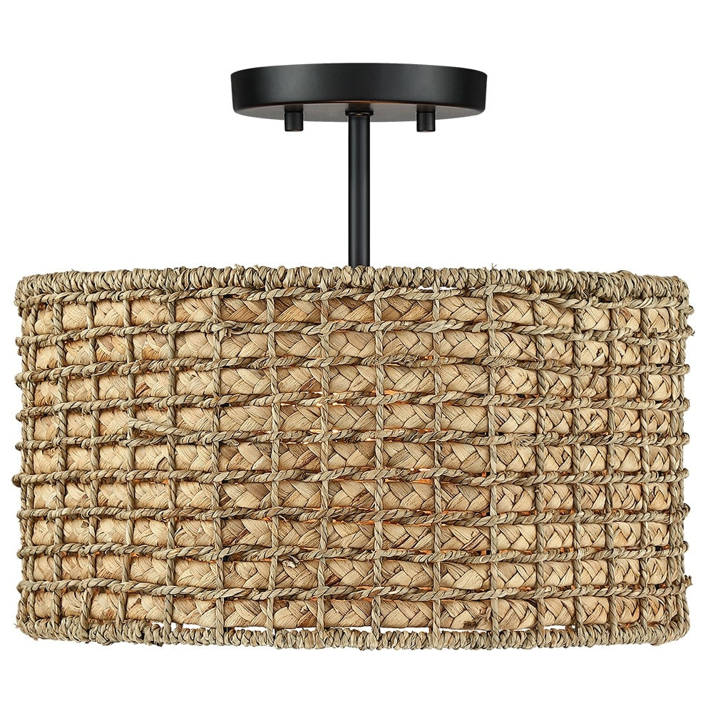 Lampada da soffitto semi-incassata a 2 luci in rattan naturale con rosone nero - Nero/terroso - Nero/Paglia - 13,6 pollici di larghezza
