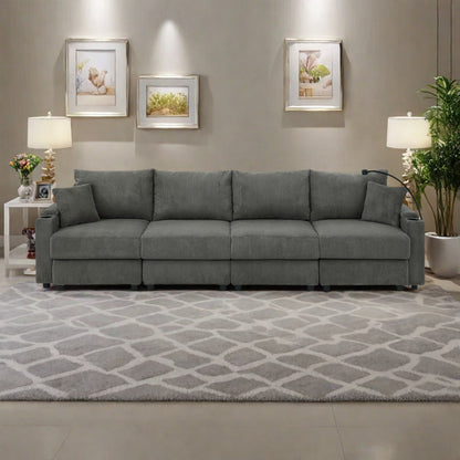 Divano 5 posti in velluto a coste 132 con portabicchieri e portatelefono, cuscini ad alta densità