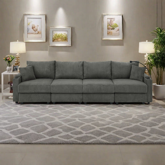 Divano 5 posti in velluto a coste 132 con portabicchieri e portatelefono, cuscini ad alta densità