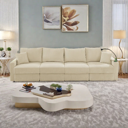 Divano 5 posti in velluto a coste 132 con portabicchieri e portatelefono, cuscini ad alta densità