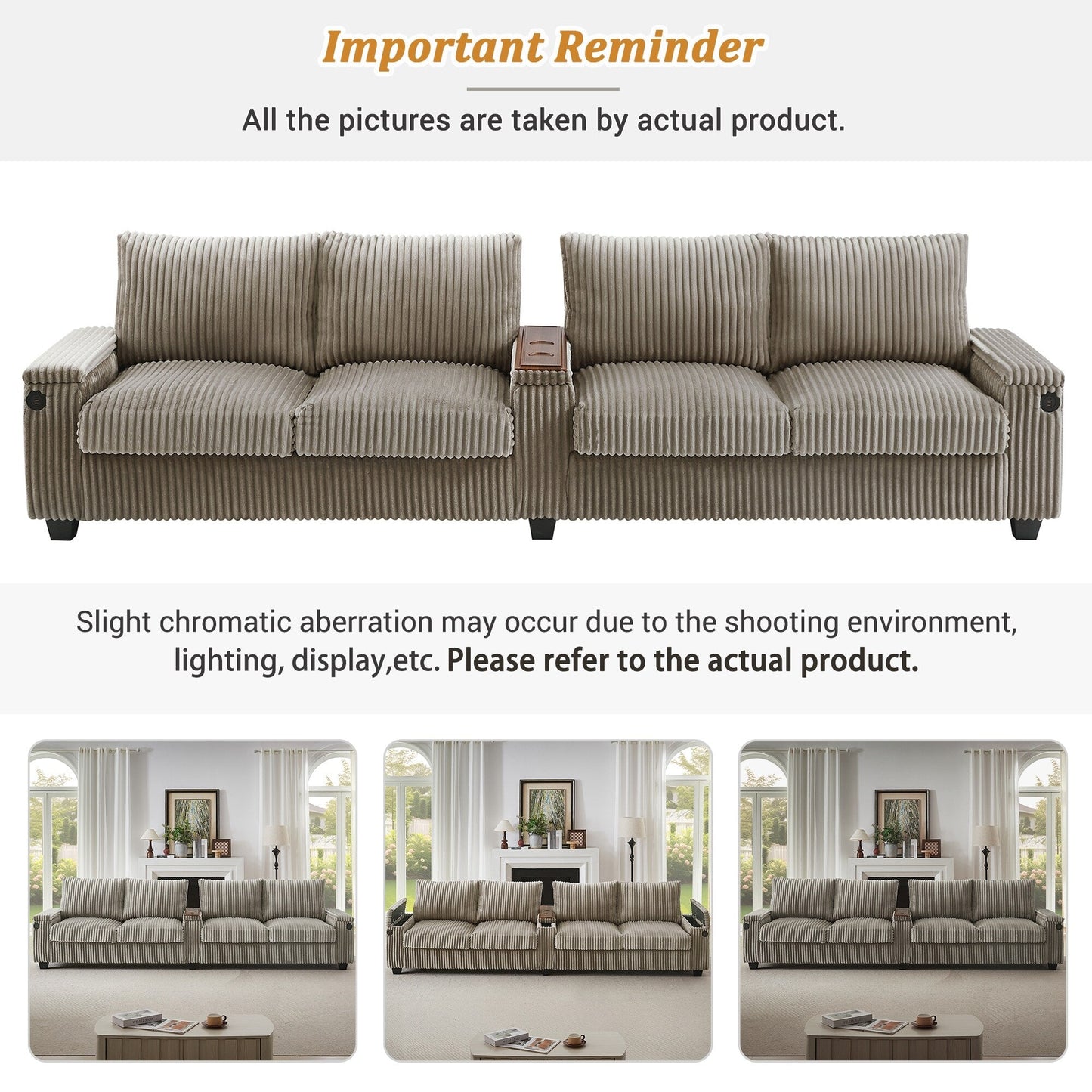 Divano in velluto a coste 133 a 4 posti - Divano contenitore moderno con porte USB e portabicchieri ribaltabili