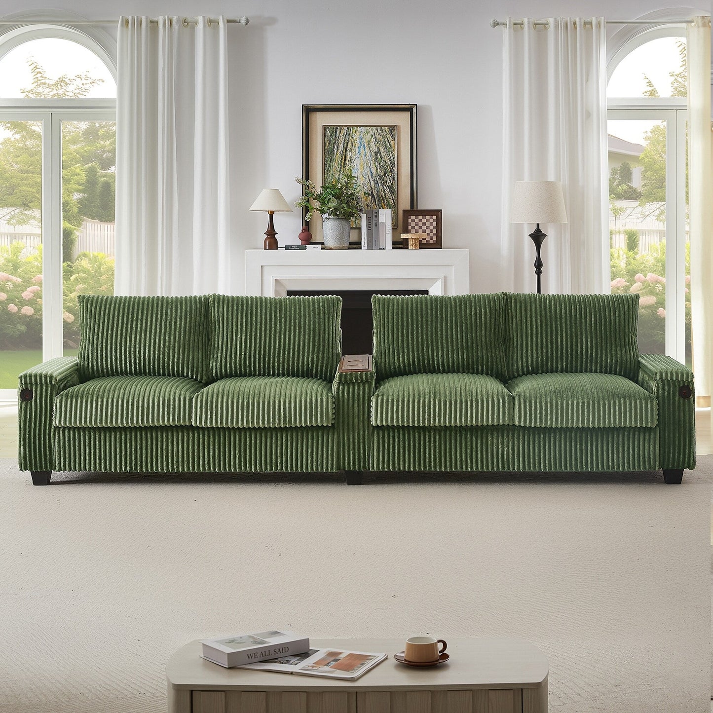 Divano in velluto a coste 133 a 4 posti - Divano contenitore moderno con porte USB e portabicchieri ribaltabili