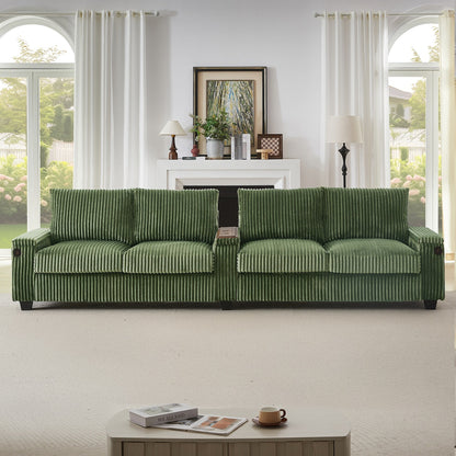 Divano in velluto a coste 133 a 4 posti - Divano contenitore moderno con porte USB e portabicchieri ribaltabili