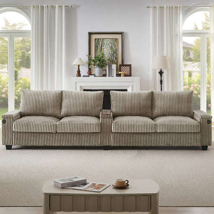 Divano in velluto a coste 133 a 4 posti - Divano contenitore moderno con porte USB e portabicchieri ribaltabili