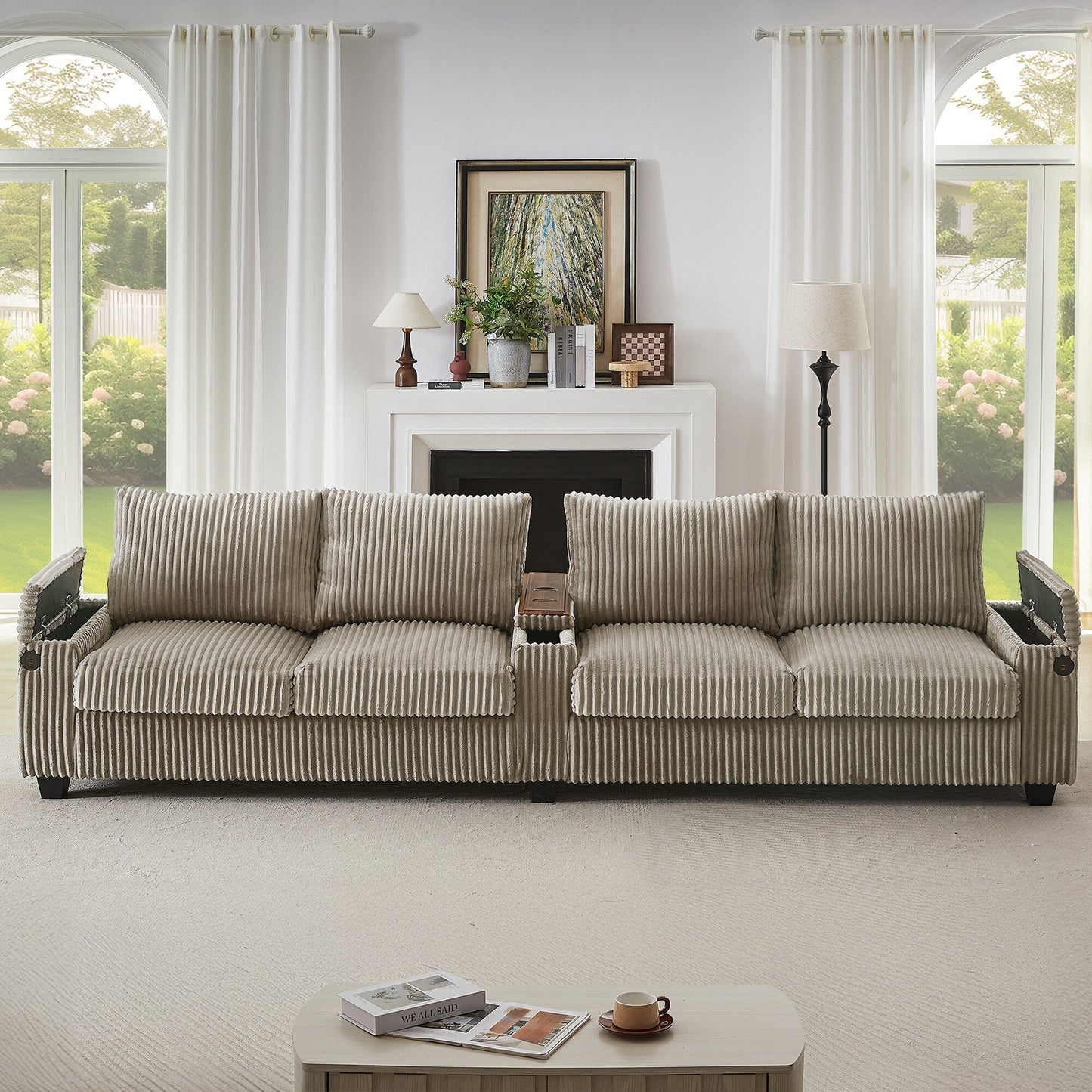 Divano in velluto a coste 133 a 4 posti - Divano contenitore moderno con porte USB e portabicchieri ribaltabili