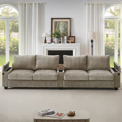 Divano in velluto a coste 133 a 4 posti - Divano contenitore moderno con porte USB e portabicchieri ribaltabili