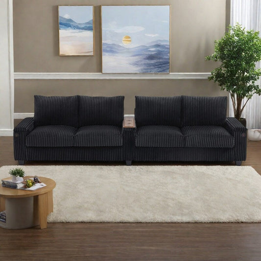 Divano a 4 posti in velluto a coste 133 con porte USB, portabicchieri ribaltabili e spazio nascosto